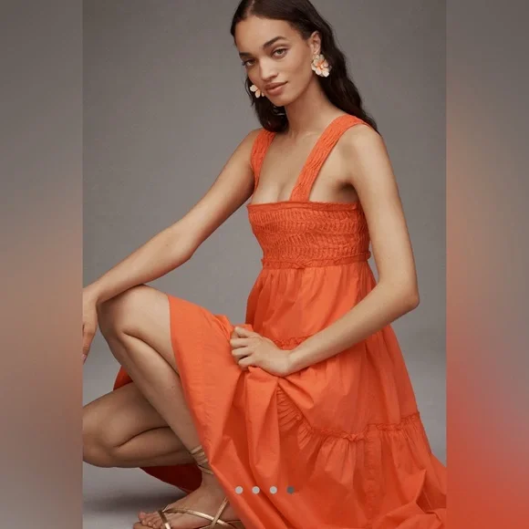 NWT! Anthropologie Hot Lava The Helena Square-Neck Smocked Tiered Midi Dress